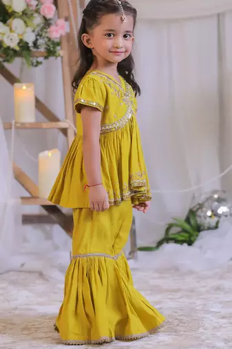 Mustard yellow embroidered silk sharara set