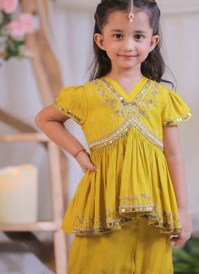 Mustard yellow embroidered silk sharara set 5