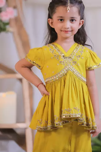 Mustard yellow embroidered silk sharara set