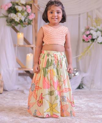 Peach floral printed silk lehenga choli 1