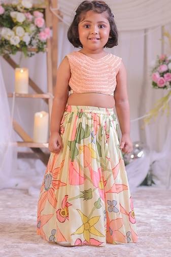 Peach floral printed silk lehenga choli