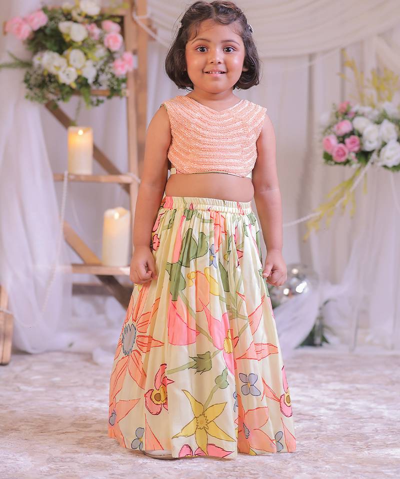 Peach floral printed silk lehenga choli