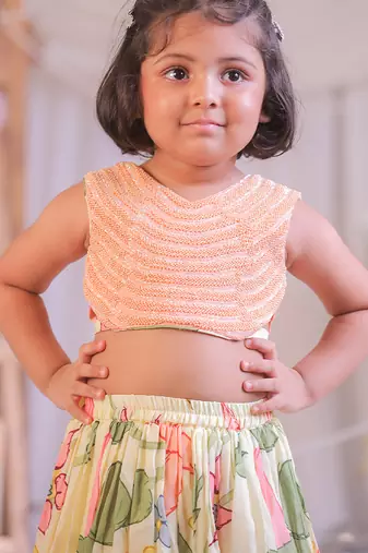 Peach floral printed silk lehenga choli