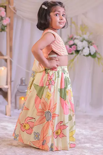 Peach floral printed silk lehenga choli