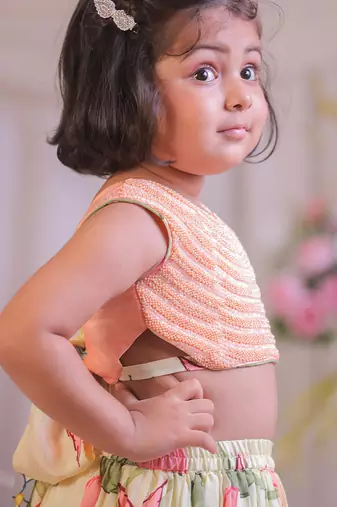 Peach floral printed silk lehenga choli