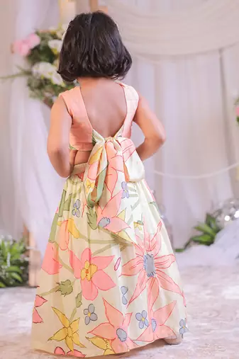 Peach floral printed silk lehenga choli