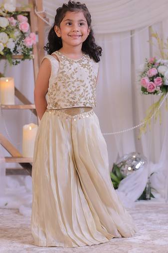 Beige embroidered shimmer silk palazzo set
