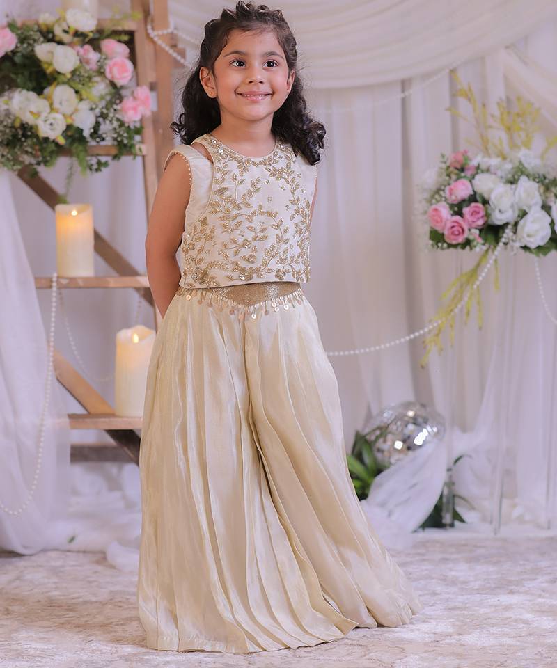 Beige embroidered shimmer silk palazzo set
