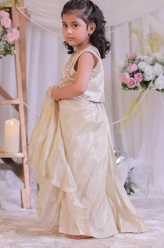 Beige embroidered shimmer silk palazzo set