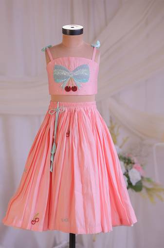 Peach bow embroidered silk lehenga choli