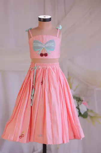 Peach bow embroidered silk lehenga choli