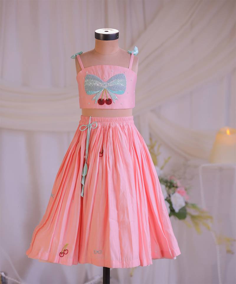 Peach bow embroidered silk lehenga choli