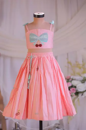 Peach bow embroidered silk lehenga choli