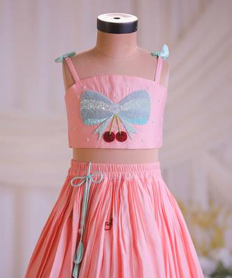 Peach bow embroidered silk lehenga choli 3