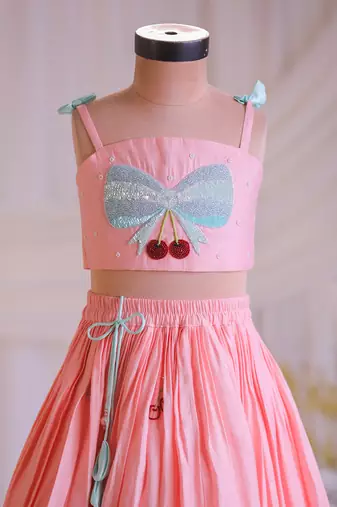 Peach bow embroidered silk lehenga choli