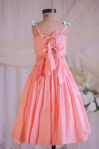 Peach bow embroidered silk lehenga choli