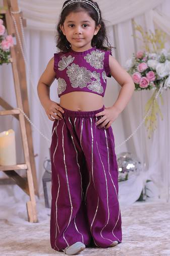 Purple embroidered silk palazzo set