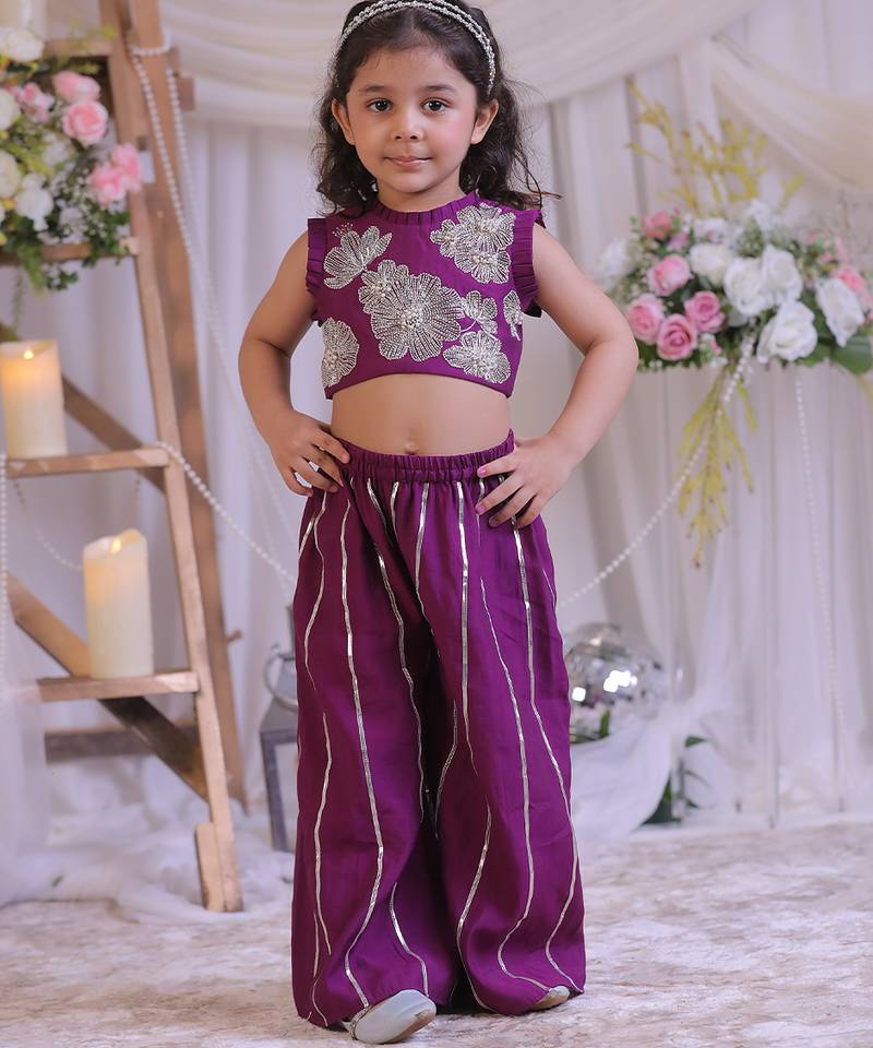 Purple embroidered silk palazzo set