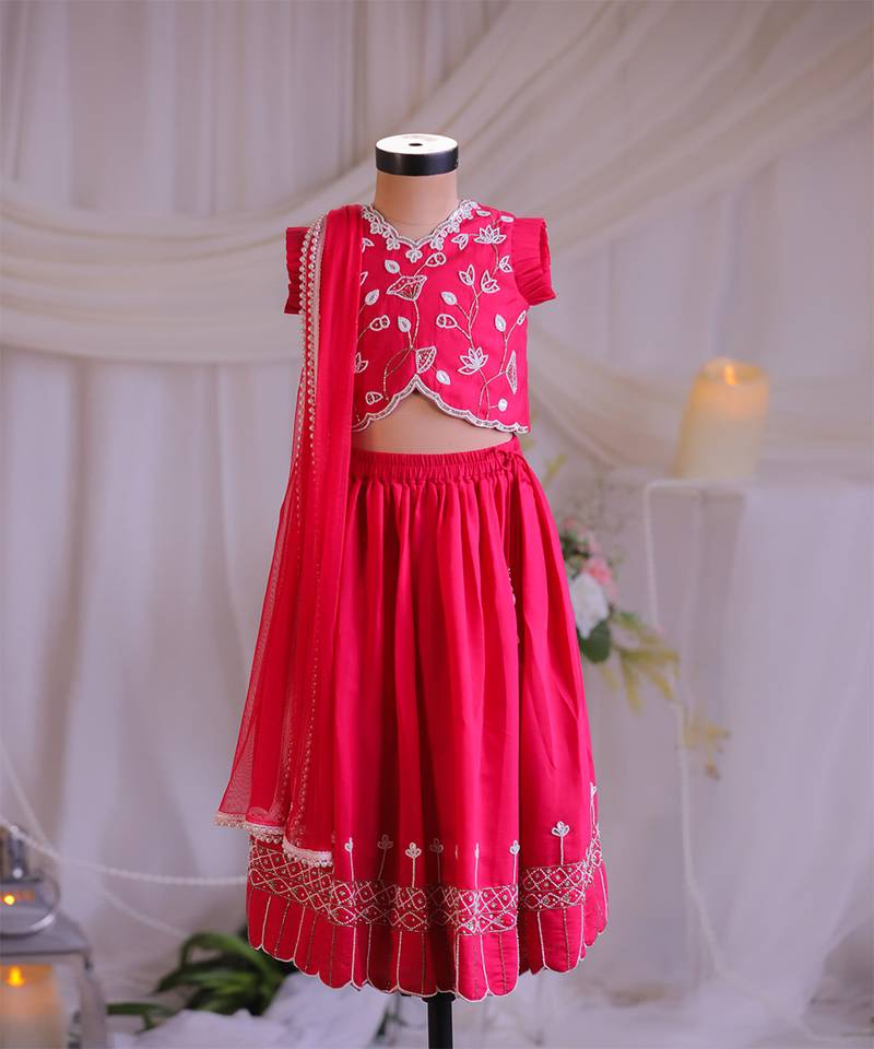 Rani pink embroidered silk lehenga set