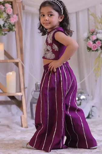 Purple embroidered silk palazzo set