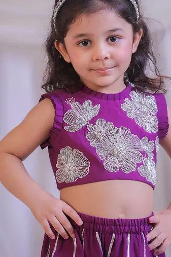 Purple embroidered silk palazzo set