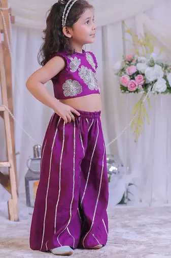 Purple embroidered silk palazzo set