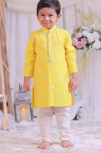 Yellow lotus embroidered silk kurta set