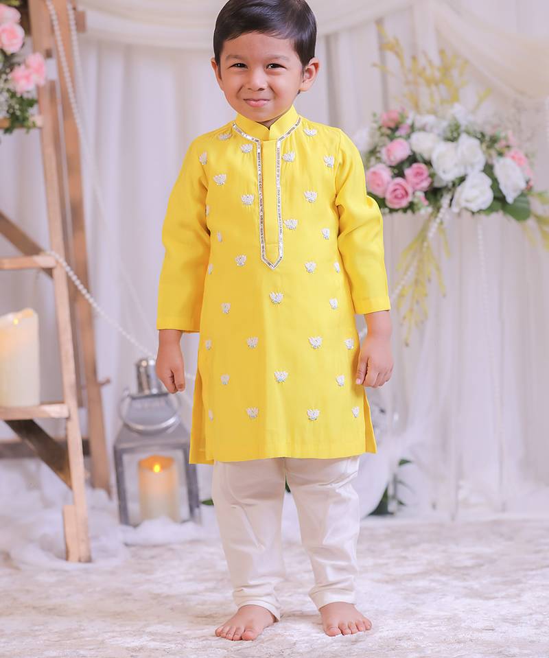 Yellow lotus embroidered silk kurta set