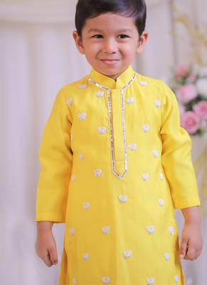 Yellow lotus embroidered silk kurta set 2