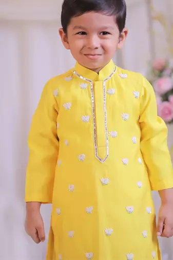 Yellow lotus embroidered silk kurta set