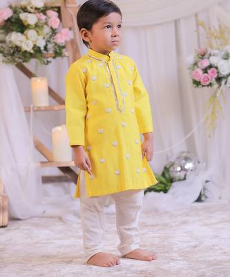 Yellow lotus embroidered silk kurta set 3