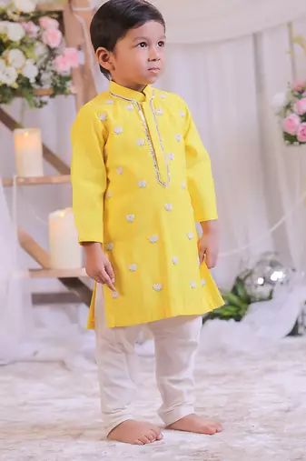 Yellow lotus embroidered silk kurta set
