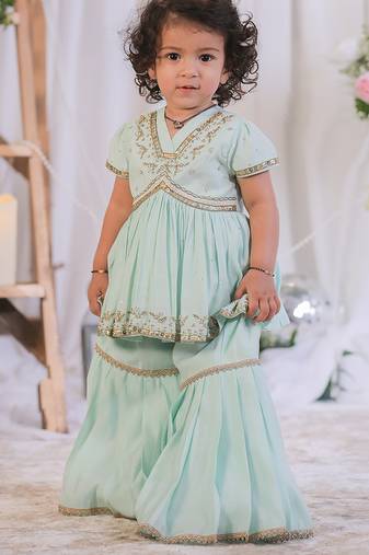 Sea Green Embroidered Silk Sharara Set