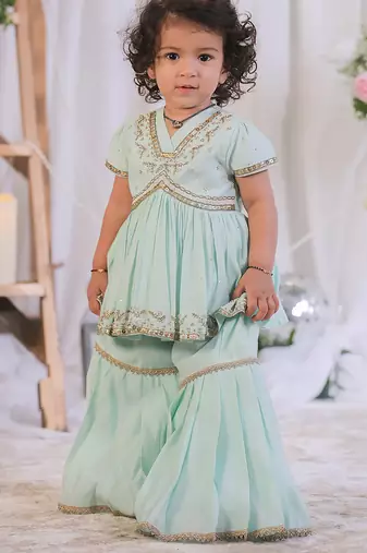 Sea Green Embroidered Silk Sharara Set