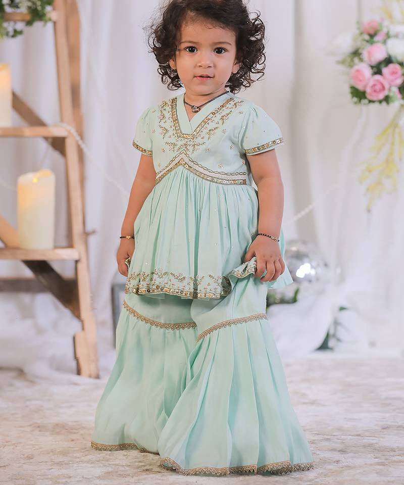 Sea Green Embroidered Silk Sharara Set