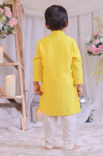 Yellow lotus embroidered silk kurta set