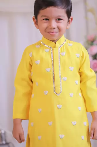 Yellow lotus embroidered silk kurta set