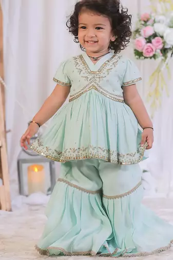 Sea Green Embroidered Silk Sharara Set