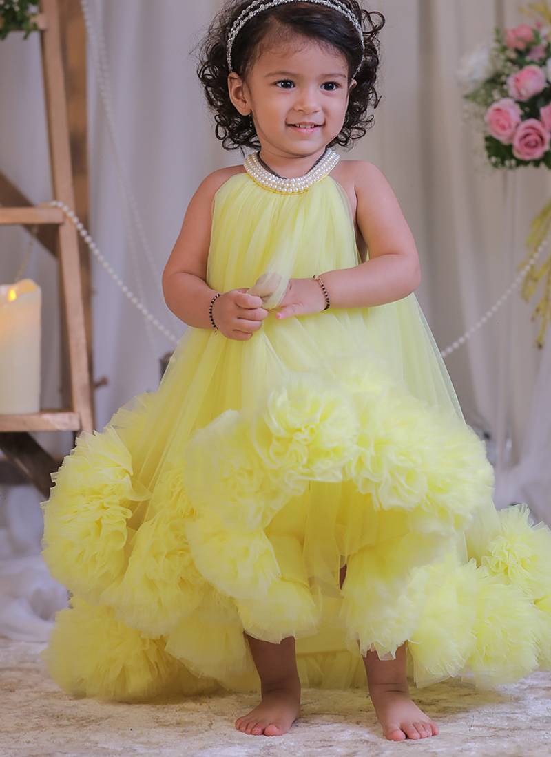 Yellow pompom net gown