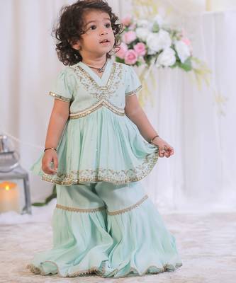 Sea Green Embroidered Silk Sharara Set 3