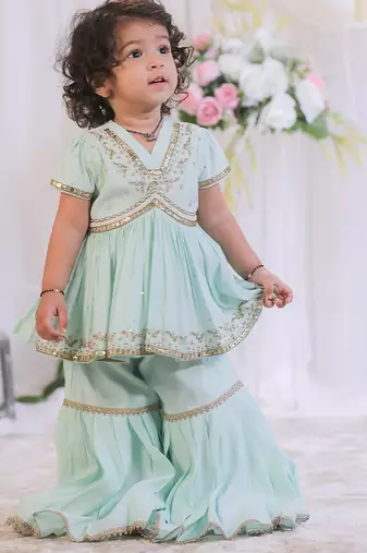 Sea Green Embroidered Silk Sharara Set