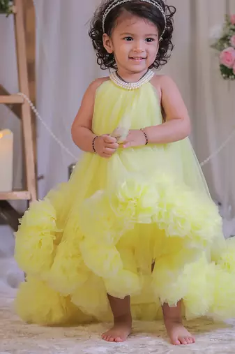 Yellow pompom net gown