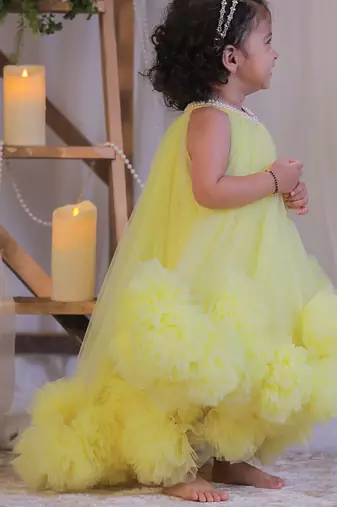 Yellow pompom net gown