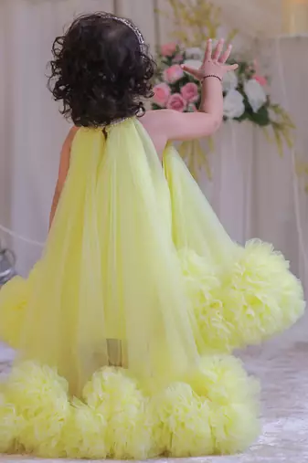 Yellow pompom net gown