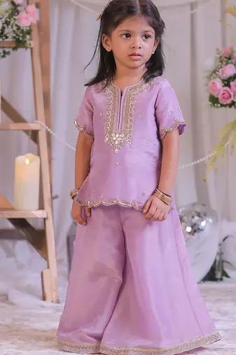 Lilac embroidered shimmer silk kurti set