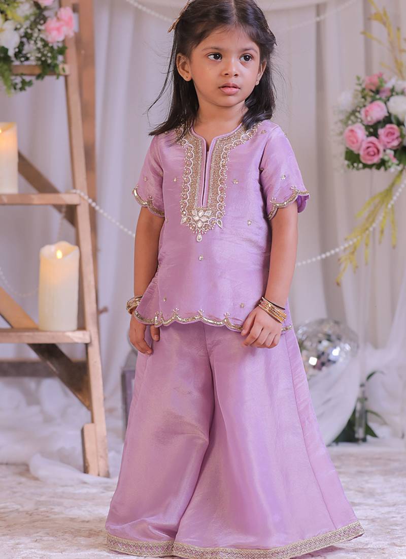 Lilac embroidered shimmer silk kurti set
