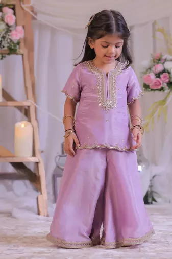 Lilac embroidered shimmer silk kurti set