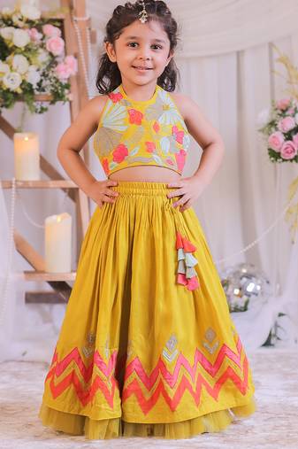 Mustard yellow embroidered silk lehenga choli