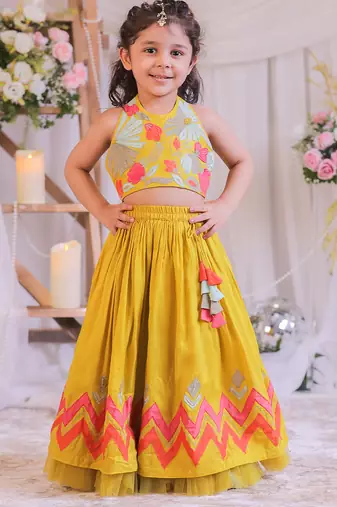 Mustard yellow embroidered silk lehenga choli