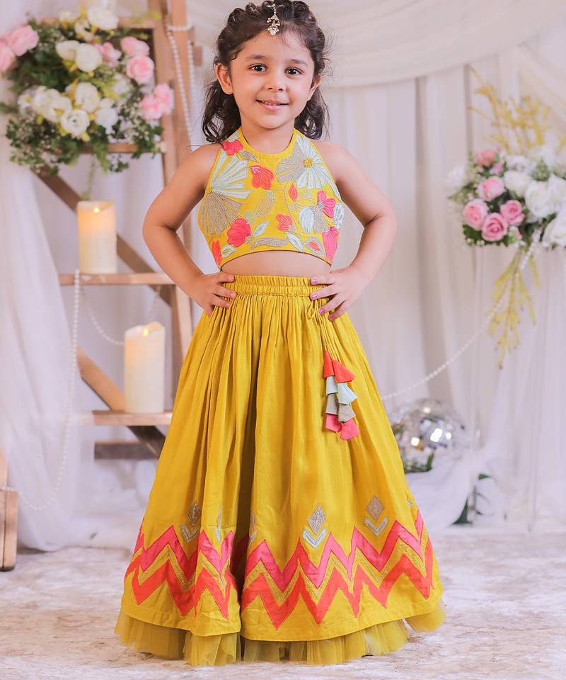 Mustard yellow embroidered silk lehenga choli